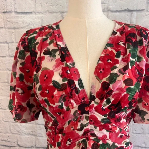 Romantic Floral Mini Dress Red & Pink Roses Empire Waist Low Cut Deep V-Neck - Picture 13 of 15